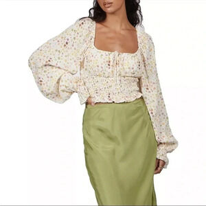 Charlie Holiday Womens Bobby Ivory Floral Smocked Crop Top Shirt XS